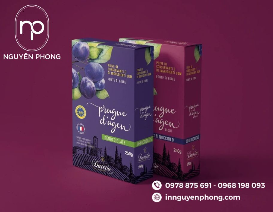 Mẫu tem dán mận sấy dẻo kèm hộp giấy 